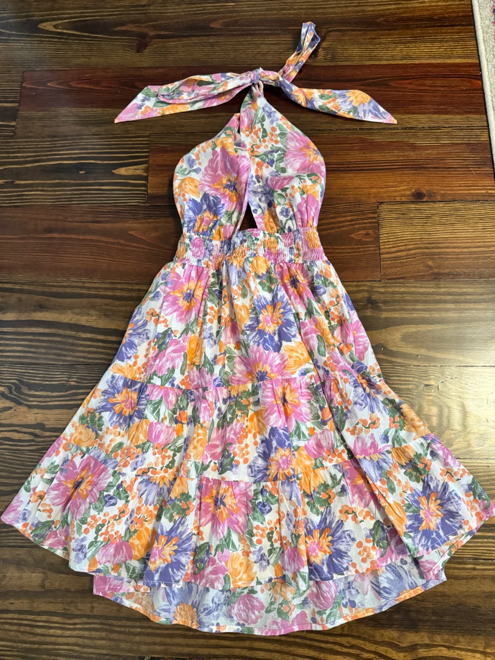 Hello Molly Floral Halter Dress - Pink, Purple & Orange on Cream
